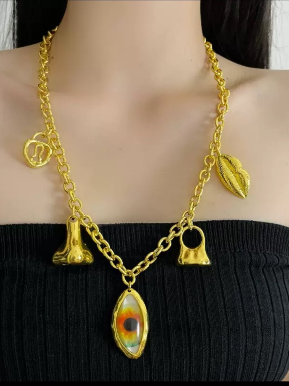 Schiaparelli inspired Gold-Tone Statement Charm Necklace with Multicolor Pendant